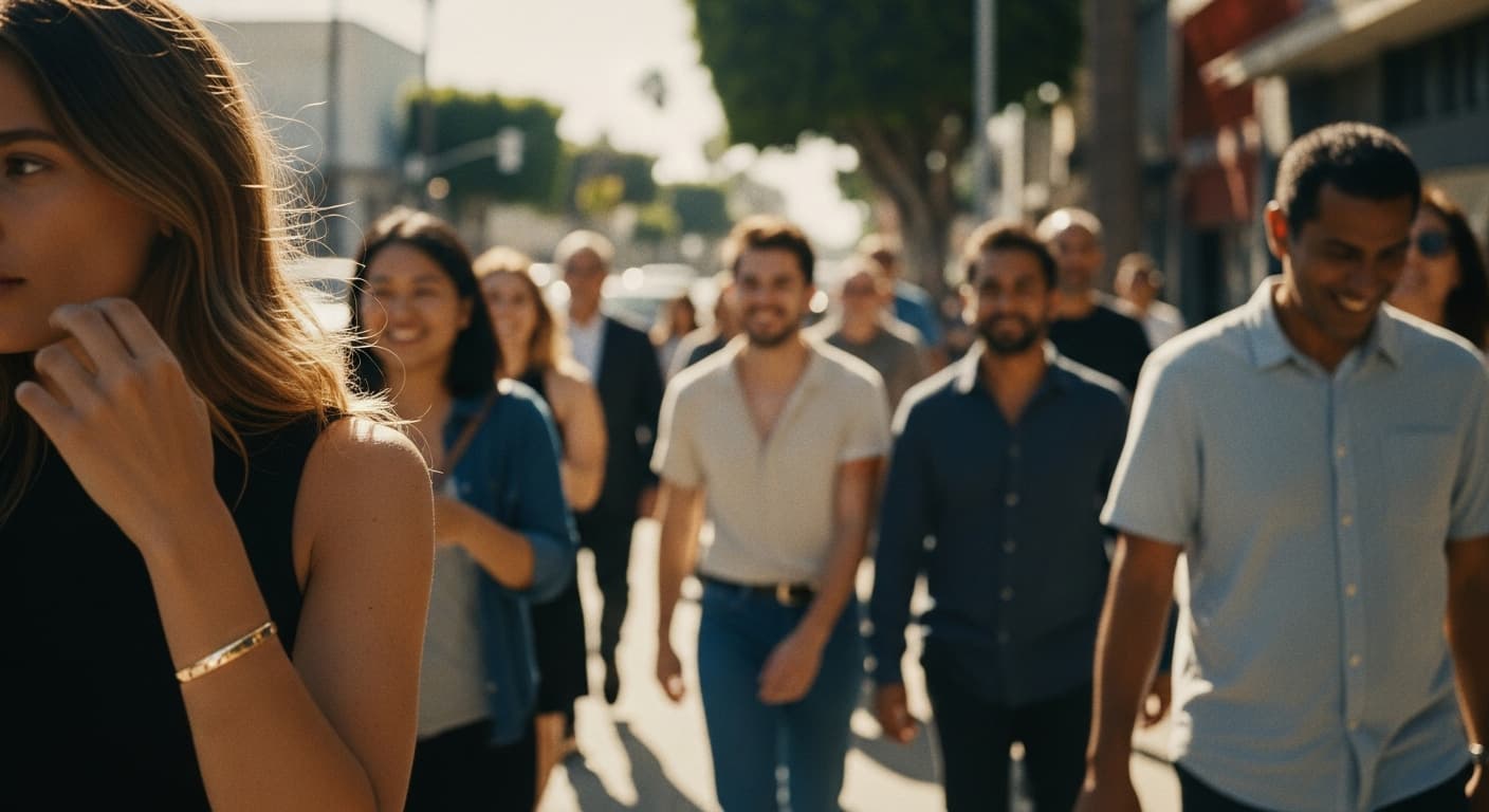 A group of people walking outdoors on a sunny day.