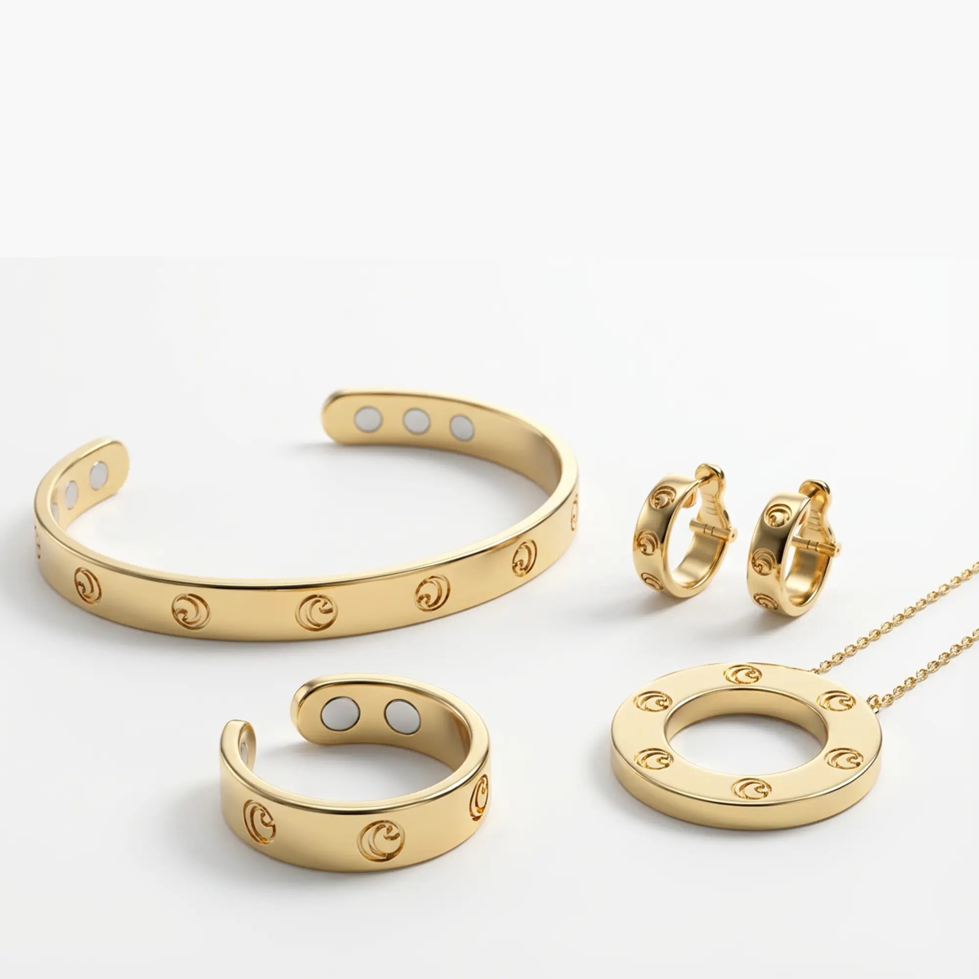 Gold jewelry set with bracelet, ring, earrings, and necklace on white background.