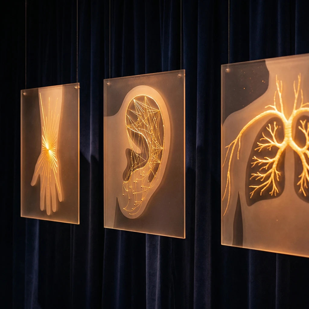 Three illuminated artworks of a hand, an ear, and lungs hanging against a dark blue curtain.