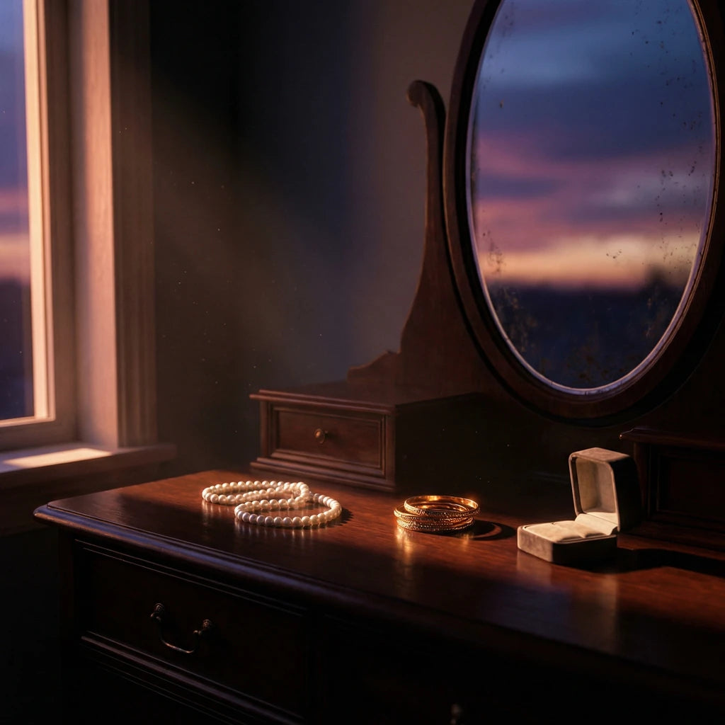 Jewelry sits on a wooden vanity with a mirror reflecting a sunset, illuminated by a nearby window.