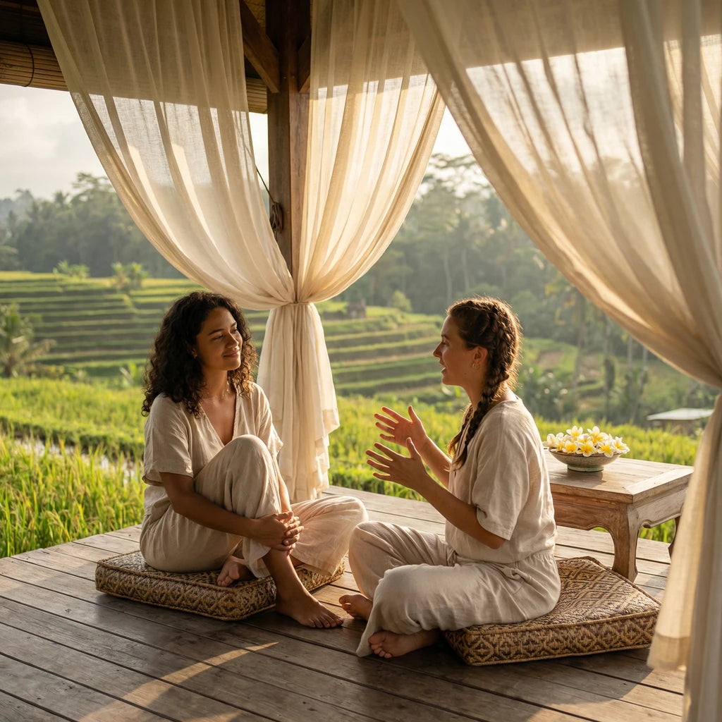 Two women talk while sitting on cushions on a wooden patio overlooking terraced rice fields.