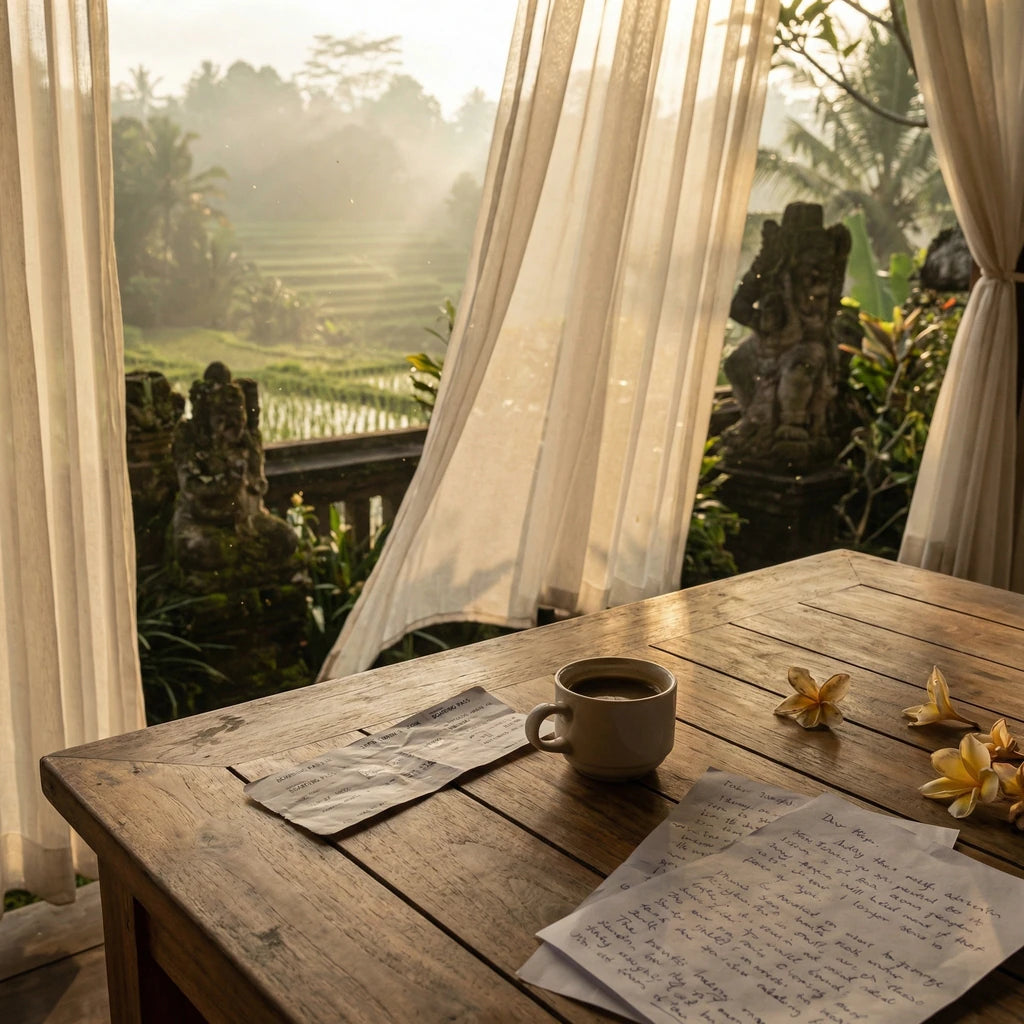 A wooden table with coffee and letters overlooks misty rice paddies through sheer curtains.