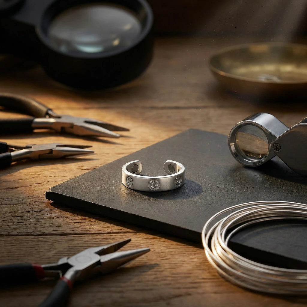 A silver cuff-style ring sits on a jeweler's workbench surrounded by tools like pliers and a loupe.