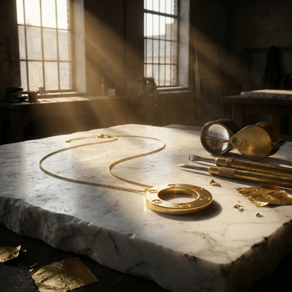 A gold necklace and jeweler's tools on a marble workbench in a sunlit workshop.