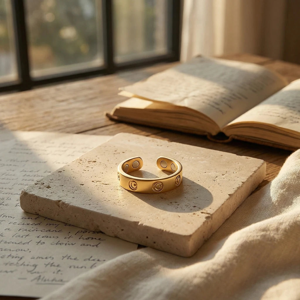 A gold-colored open ring with circular engravings sits on a stone tile, with a book in the background.