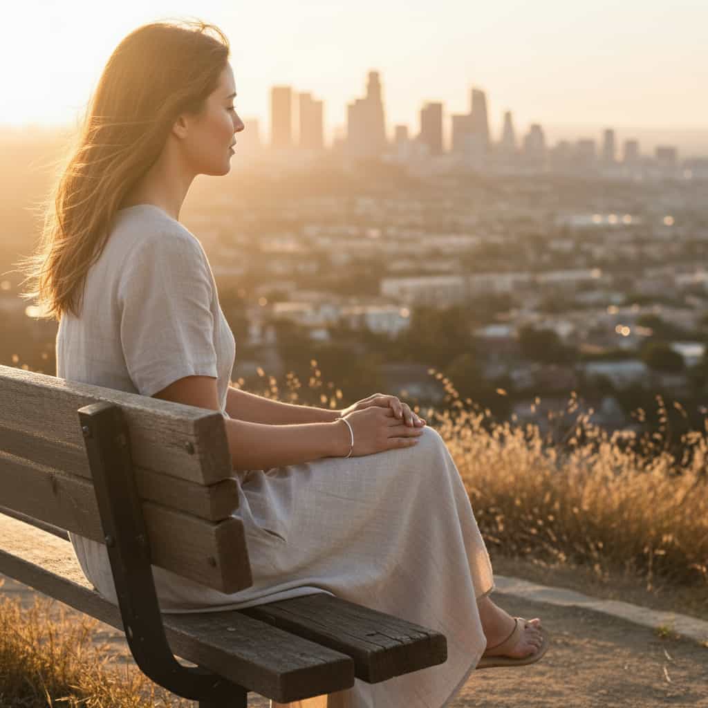 Woman sitting on a bench at sunset, gazing out over greenery.